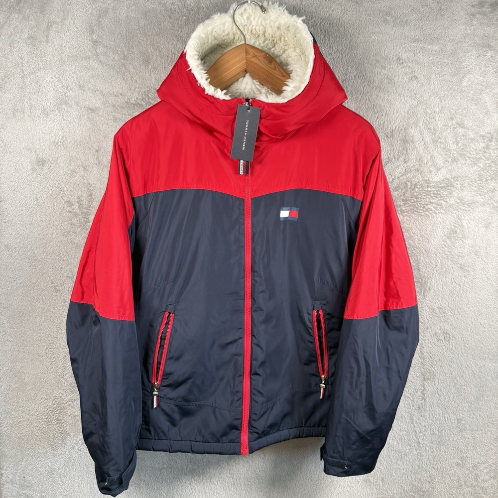 Tommy Hilfiger Sherpa Lined Colorblock Coat Mens XXL Red Navy Hooded TW1MP847